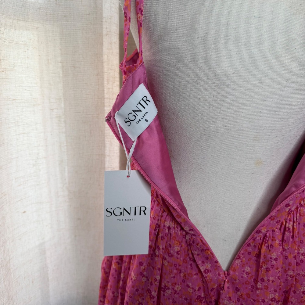 NWT SGNTR The Label Floral Tie Strap Mini Dress Pink Milkmaid Women's Small - Picture 8 of 9